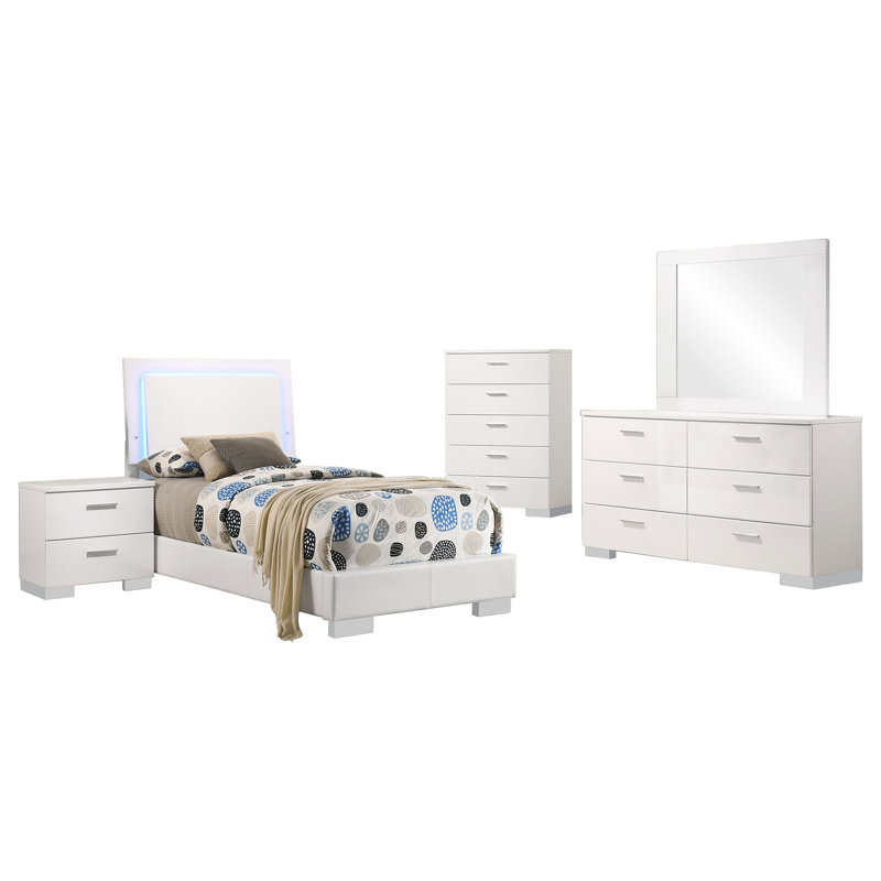 Amariyon 5-piece Twin Bedroom Set White High Gloss, Twin