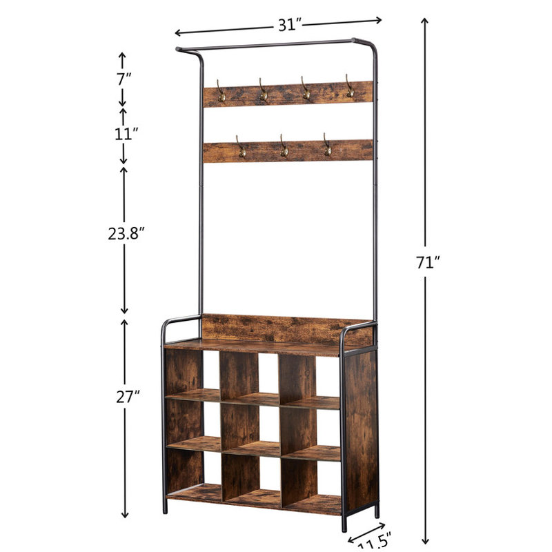 Coat Rack, Hall Tree with Shoe Rack for Entryway, 3-in-1 Entryway Coat Rack and Storage Rack, with 7 Hooks, a Hanging Rod