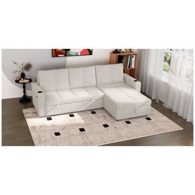 Canapé-lit convertible en tissu, canapé-lit modulaire escamotable avec charge USB et porte-gobelets, canapé-lit en forme de L avec rangement pour le salon (beige)
