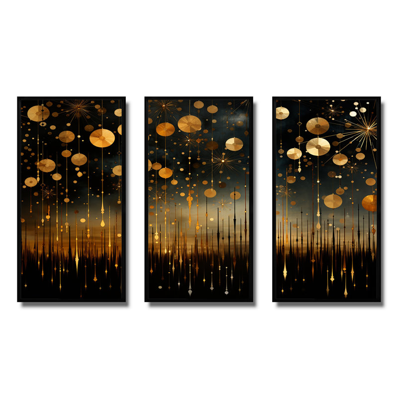 Or et noir, feux d'artifice élégants - Art mural, H 28 po x l 36 po x P 1 po, Cadre flottant noir