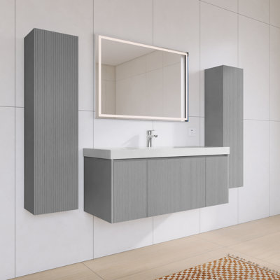 48" Floating Bathroom Vanity Set with Acrylic Top & Two Side Cabinets | Fluted Wood, Soft-Close Storage & U-Shaped Plumbing