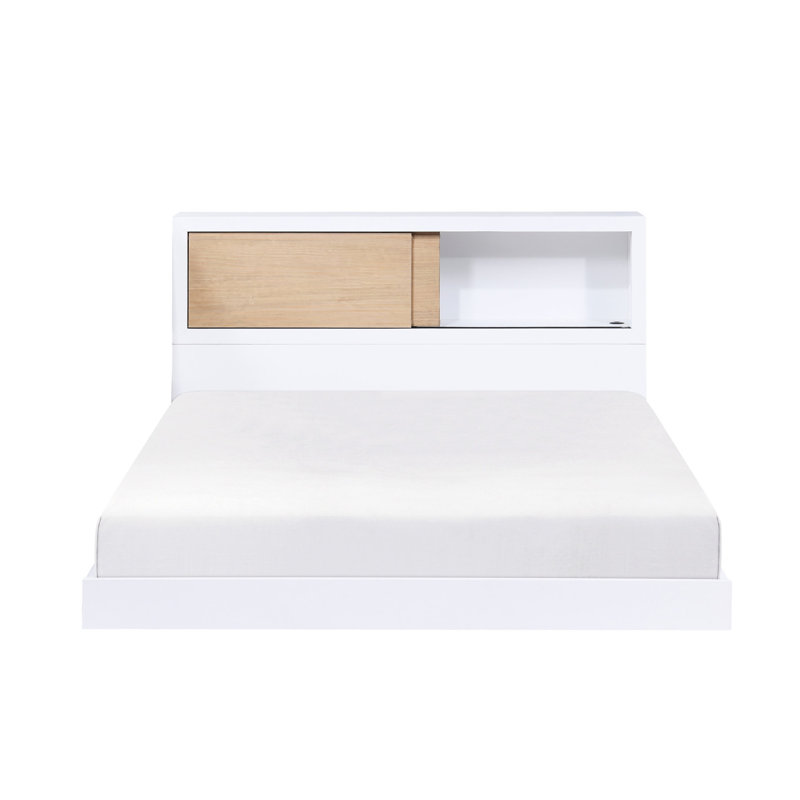 Lit double avec bibliothèque et tête de lit pour enfant, tête de lit blanche, sans sommier, taille compacte avec sommier tapissier, finition 2 tons, rangement