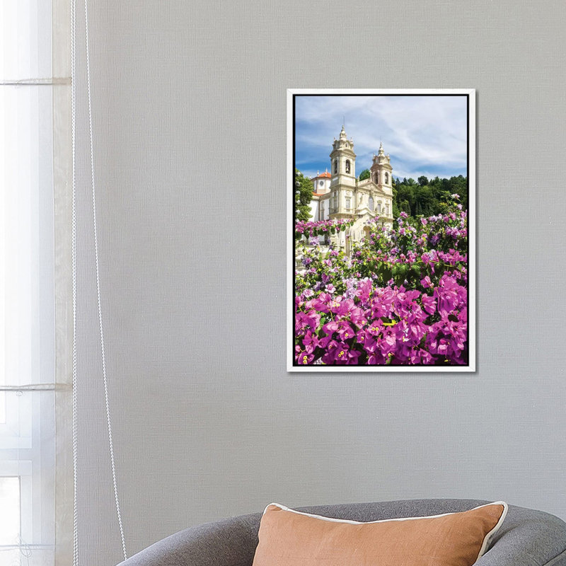 Bom Jesus Do Monte Complex With Bright Flowers by Terry Eggers - Gallery-Wrapped Canvas Giclée on Canvas, White Framed