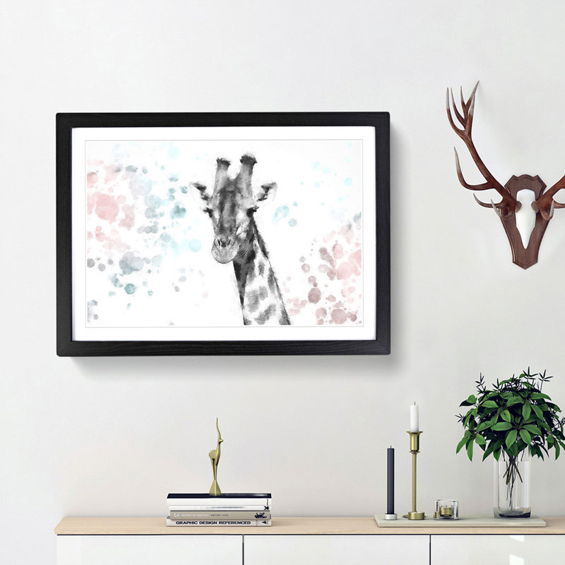 Giraffe with Paint Splashes - Picture Frame Graphic Art Print, Black Framed, 45cm H x 63cm W x 2cm D
