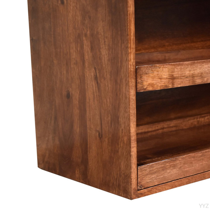 Banc de rangement à chaussures en bois massif avec peau de buffle et caramel miel, 2 tablettes, jaune et brun foncé