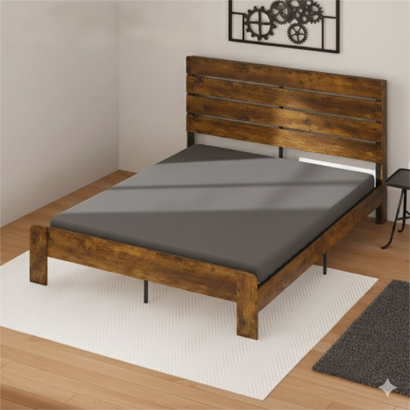 Structure de très grand lit avec tête et pied de lit, avec rangement sous le lit, lumières DEL et station de charge. Supporte jusqu'à 1200 lb avec un système de support entièrement métallique. Aucun sommier tapissier requis, assemblage facile. Disponible en brun rustique.