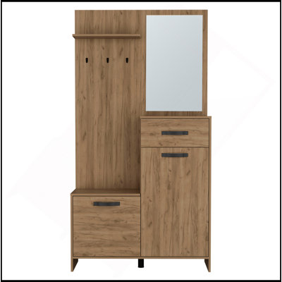 Parker 75" Tall Mirrored Tree Hall With Hangers, Three Shelves, Two Cabinets, One Drawer, Entry Way, Console Table, Living Room Light Oak
