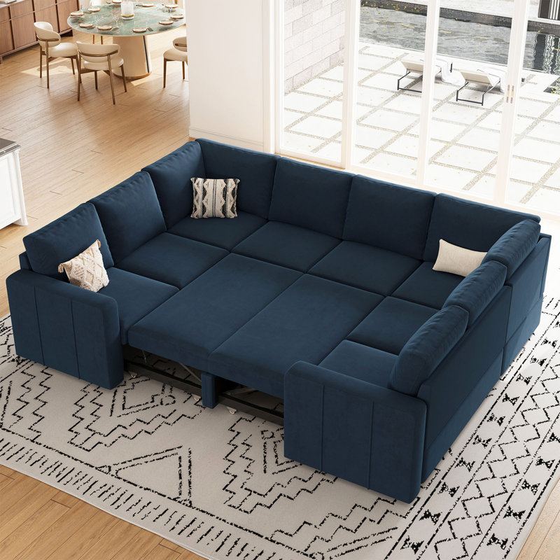 Seybert U Shaped Sofa Oversized Pullout Sofa Bed Modular Sectional Couch Convertible Sleeper, Blue Velvet