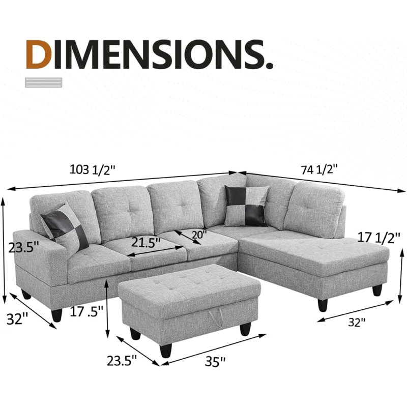 Canapé modulaire en forme de L de 103 po avec repose-pieds de rangement, Orienté à droite, Lin gris pâle