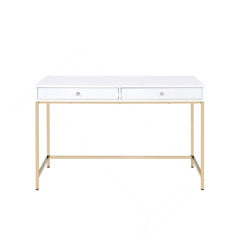 High Gloss & Gold Finish Writing Desk, White