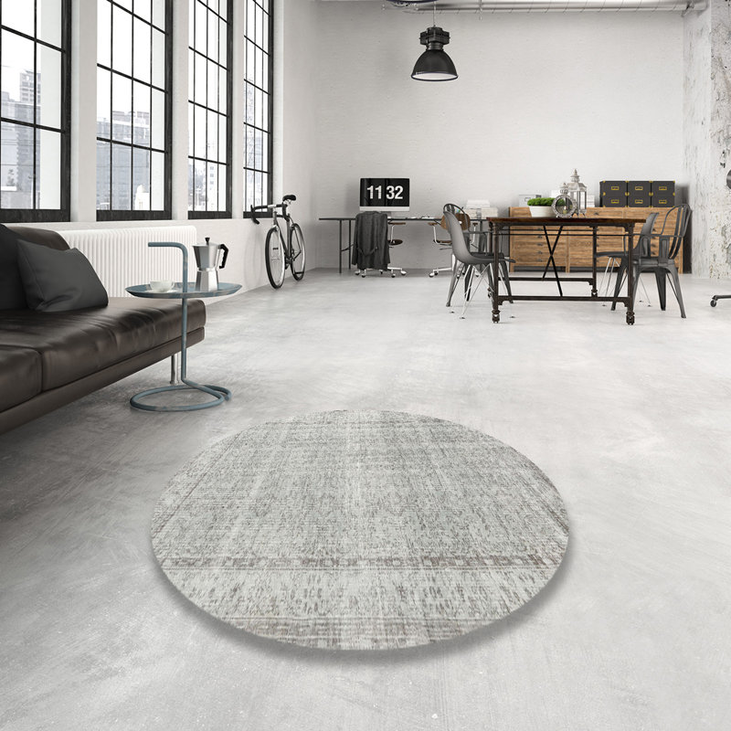 Tapis oriental beige / gris en laine, Rond 7 pi