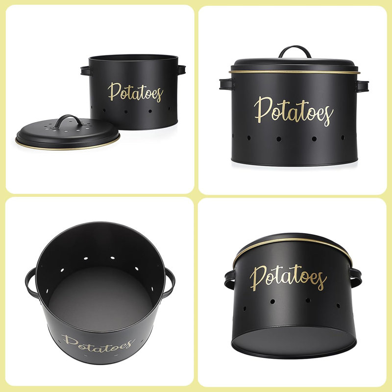 Set Of 3 Potato Onion Garlic Storage Bins Vegetable Containers Food Containers, Black