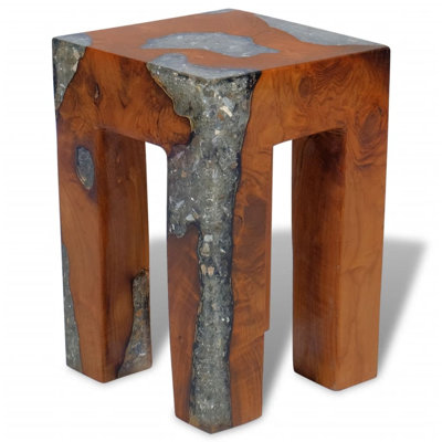 Bohannon vidaXL Solid Teak Wood Stool, Transparent Resin with Crushed Glass, 11.8" x 11.8" x 15.7" Brown by World Menagerie