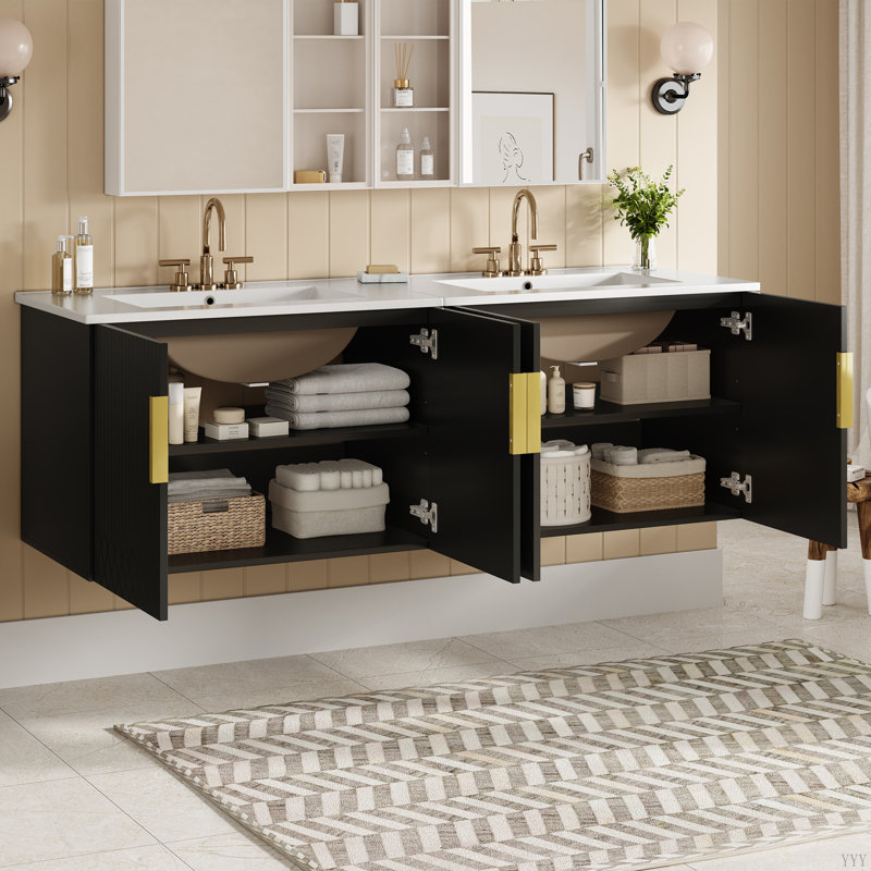 Meuble-lavabo de 60 po avec lavabo en céramique, lavabo simple en céramique à 3 trous, meuble-lavabo avec 2 portes à fermeture douce