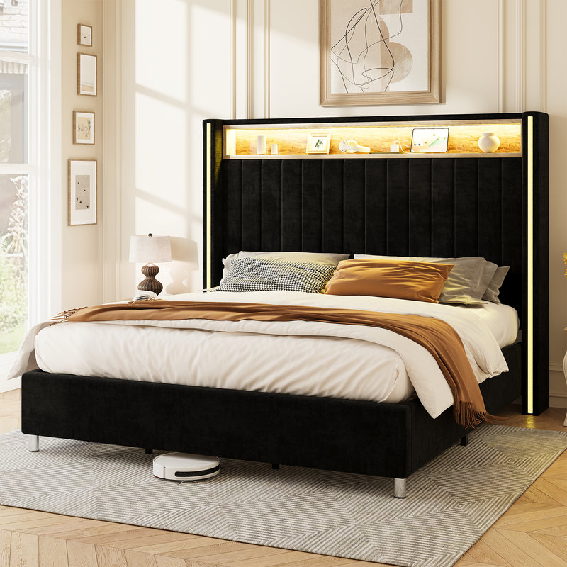 Bed Frame with LED Lights and Charging Station, Tall Headboard and Wingbacks Platform Bed Mercer41