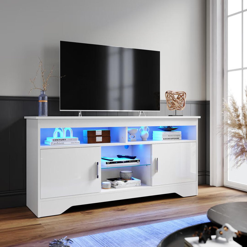 135×35×65cm TV Cabinet,RGB LED Top Plate with Glass Shelves,Stand for TVs up to 55", White