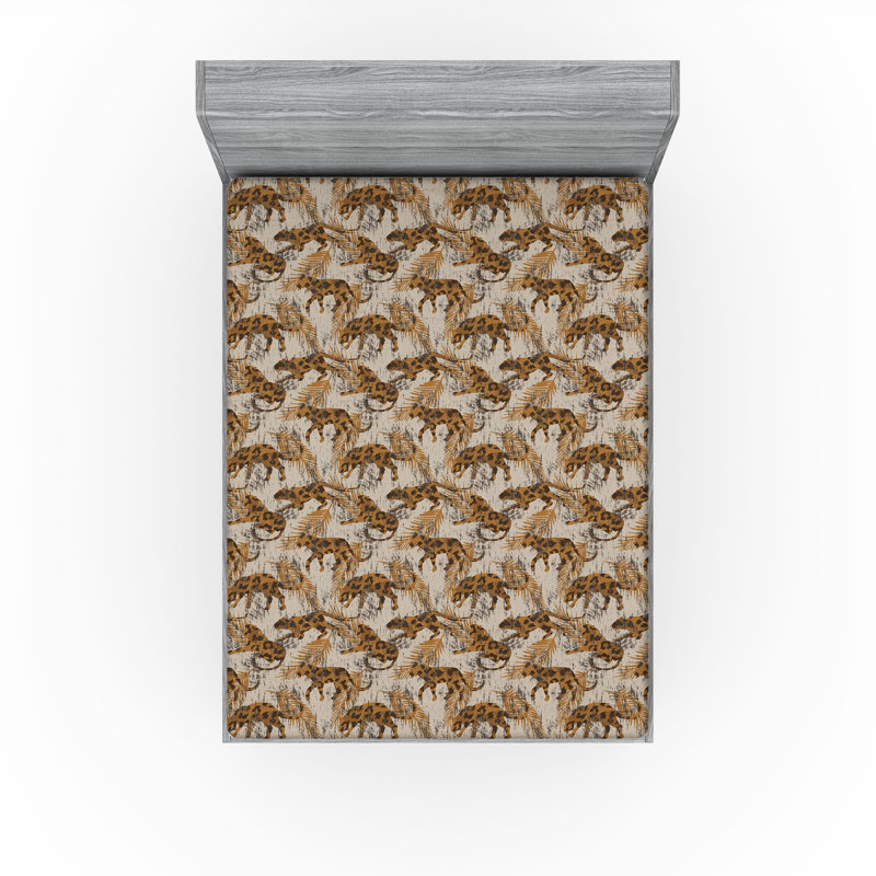 Ambesonne Exotic Fitted Sheet Cheetah Leaves Earhy Print Queen Size Ginger Eggshell Chocolate, California King Fitted Sheet