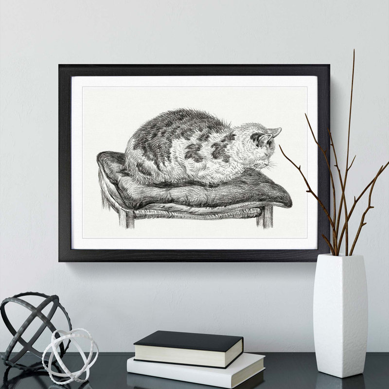 Cat upon a Cushion by Jean Bernard - Picture Frame Drawing Print, 48cm H x 65cm W x 2cm D, Black Framed