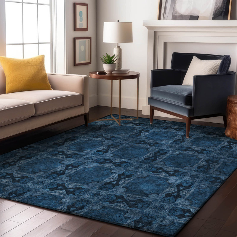 Tapis bleu marine Cerrito AMF564 lavable à la machine de qualité supérieure, Rectangle 10 pi x 14 pi