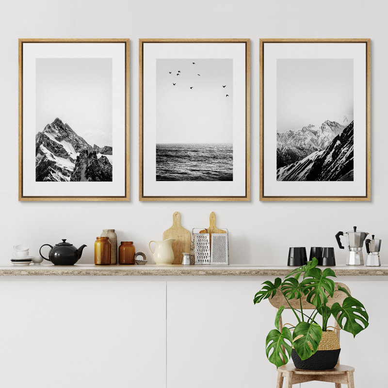 Natural Framed Black and White Landscape Canvas Print Set