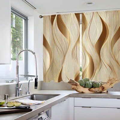 2Pcs Abstract Wave Curtains, Dual-Season Fabric, Vintage and Luxurious Golden Swirl Print Pattern, Light Filtering Privacy Protection, Rod-Pocket Design, Suitable for Living Room, Bedroom, Balcony, Kitchen Home Decoration