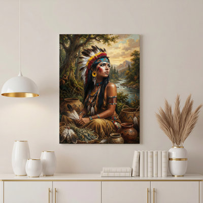 Femme amérindienne avec coiffe de plumes, reproduction d'art sur toile tendue sur toile, ensemble de 1