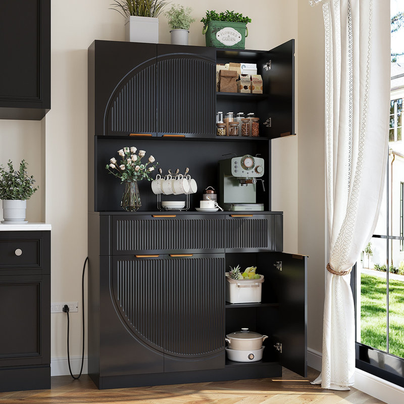 Armoire de rangement pour garde-manger de 71 po avec tiroirs et portes avec support à micro-ondes et prises de courant pour le salon