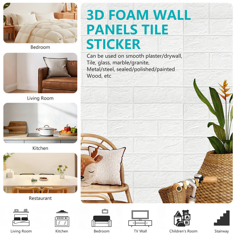 10 x 3 x 3 carreaux de brique autocollant mural papier peint panneau de mousse 13,8 x 15,2 po