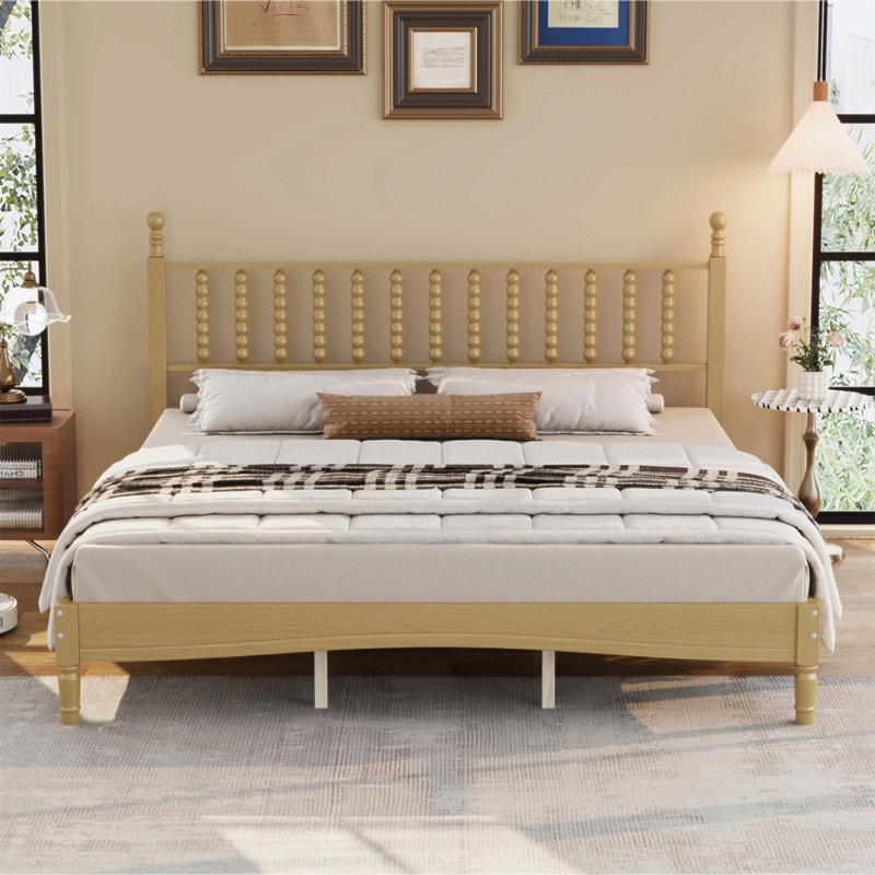 Lit plateforme très grand en bois avec tête de lit en forme de gourde, support de lattes en bois de style rétro, charme rétro et durabilité