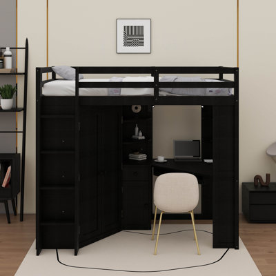 Lit mezzanine avec grande armoire et bureau, lit mezzanine avec station de charge, plateau à clavier coulissant, double projecteur et tablettes