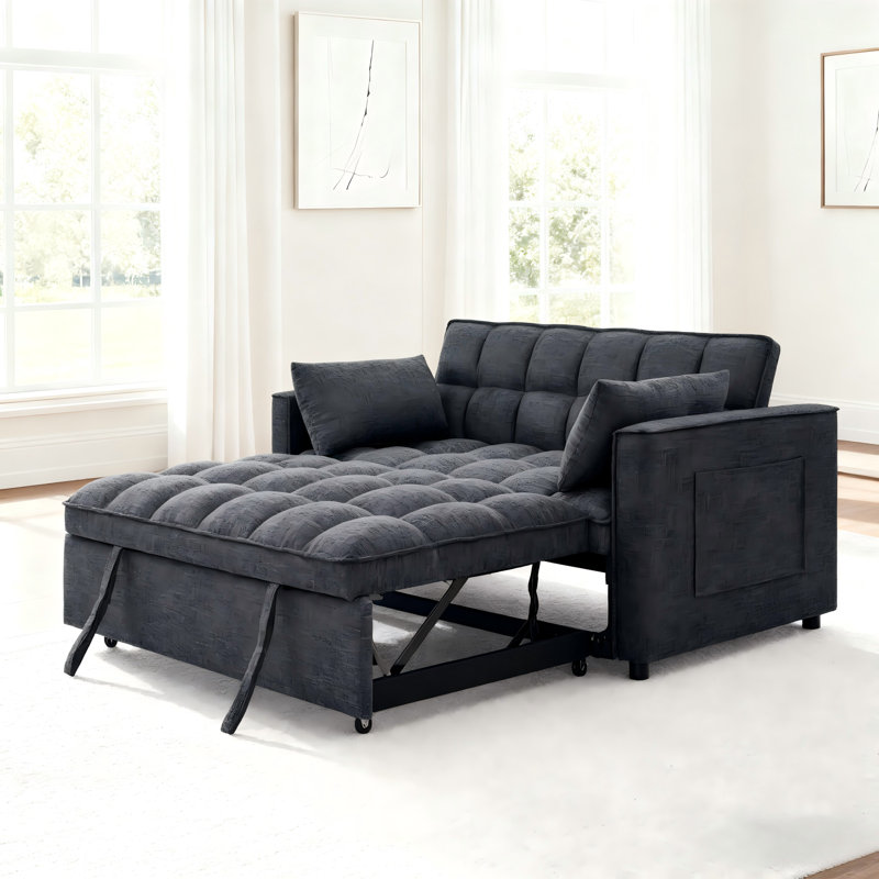 3 In 1 Tufted Convertible Sleeper Sofa Bed With 2 Pillows And Side Pockets,Modern Pull Out Couch Bed With Adjustable Backrest