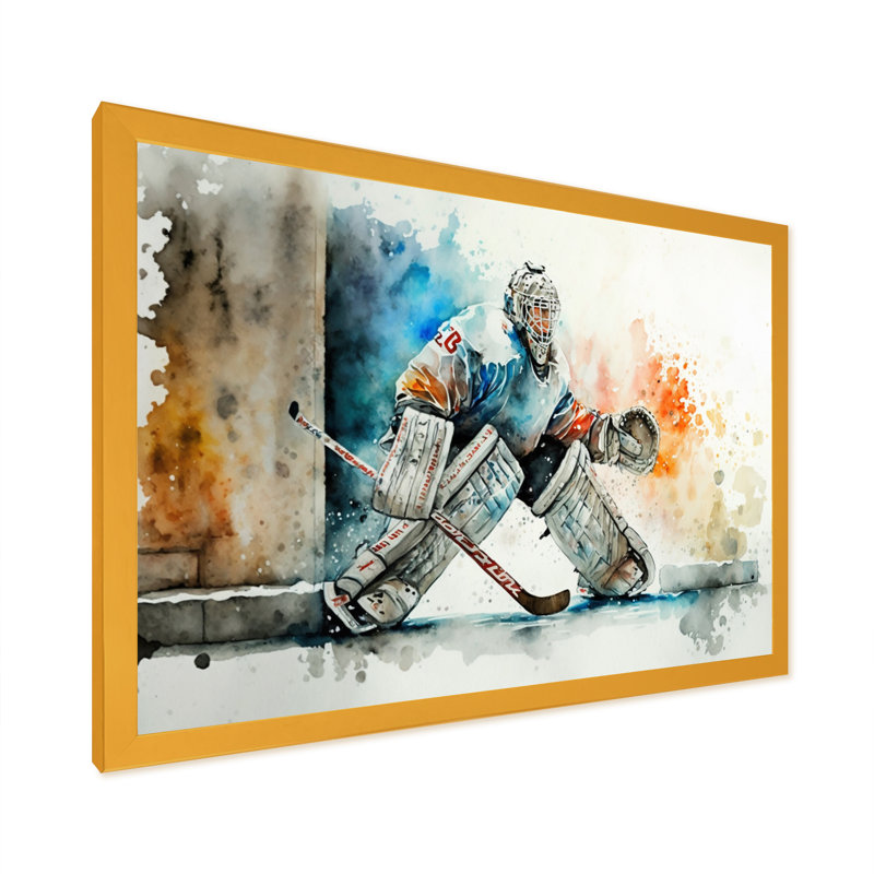 Gardien de but pendant le jeu I - Peinture sur toile, H 24 po x l 32 po x P 1 po, Encadrement doré