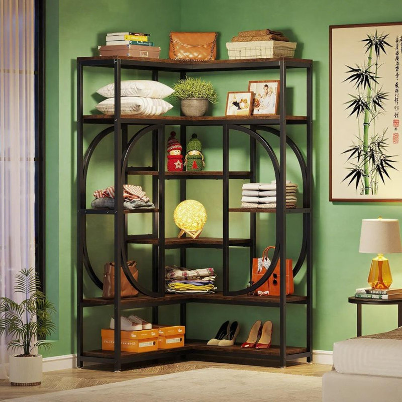 7-Tier Corner Bookcase Particleboard 1 Piece Corner Bookcase Red Versatile Design