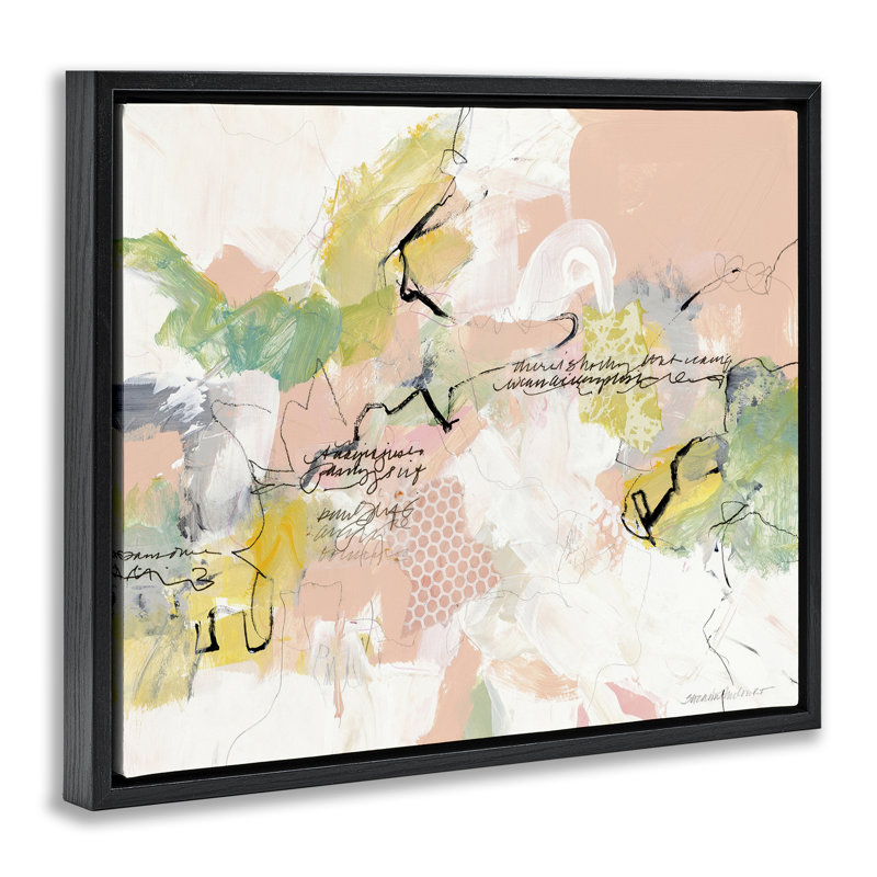 «Pink Cashmere Abstraction», art mural encadré par Suzanne McCourt, H 25 po x l 31 po, Cadre flottant noir de jais