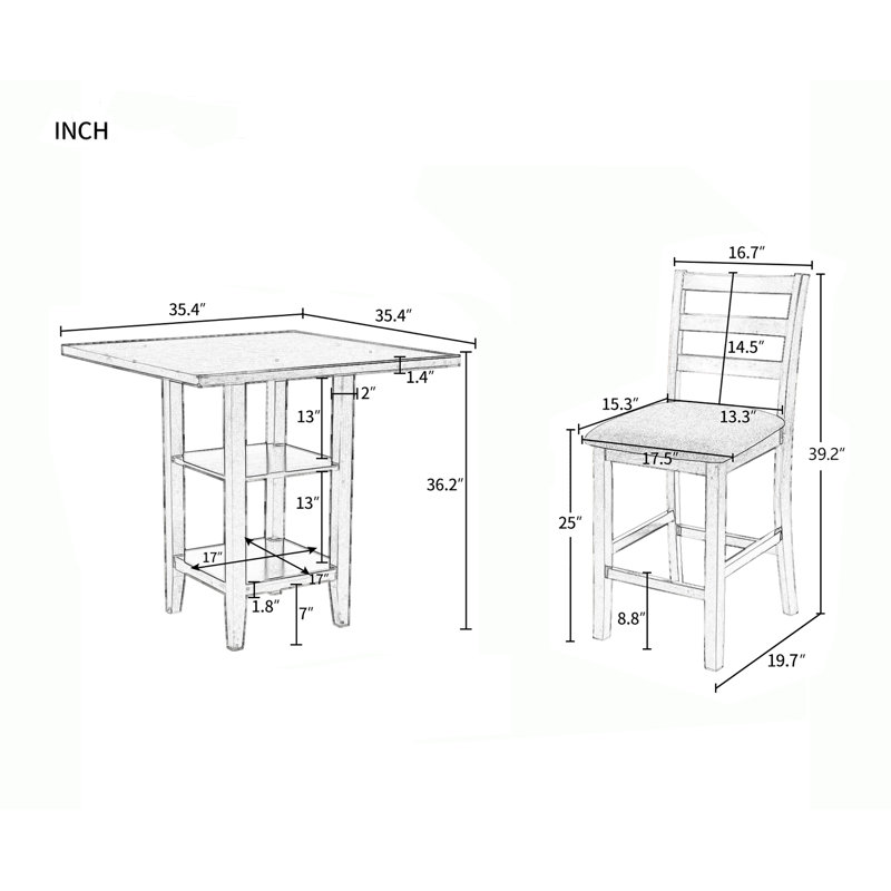 Ensemble de salle à manger 4 personnes à hauteur de comptoir en bois massif avec tablettes de rangement, gris, gris