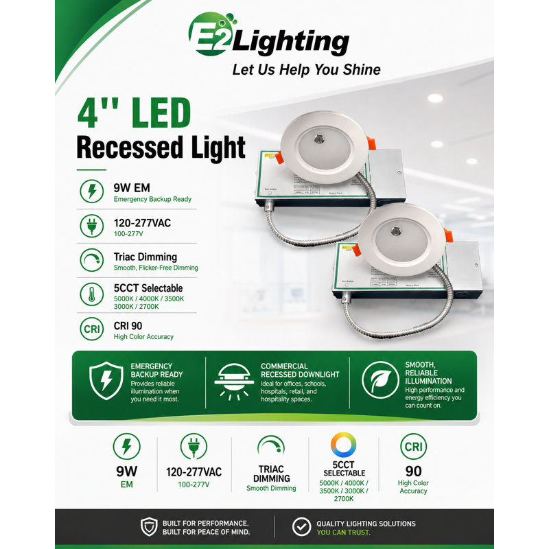 **E2 Lighting Gen 2 Slim LED Downlight with Emergency Battery Backup | 2-Pack | 4" | 9W | Dimmable | 5CCT Tunable