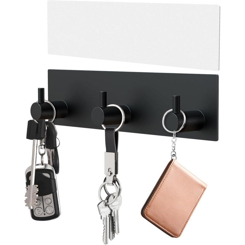 Key Holder Wall Mount, Small Metal Self Adhesive Key Hanger With 3 Hooks, Extra Adhesive Strip, Black