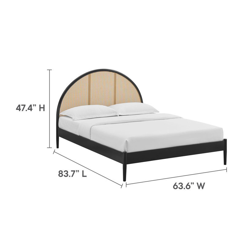 Black Queen Wood Frame Platform Bed with Arched Rattan Cane Headboard