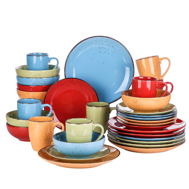 Porcelain China Stoneware Dinnerware Set 32 Piece - Service for 8, Red/Blue/Orange/Green