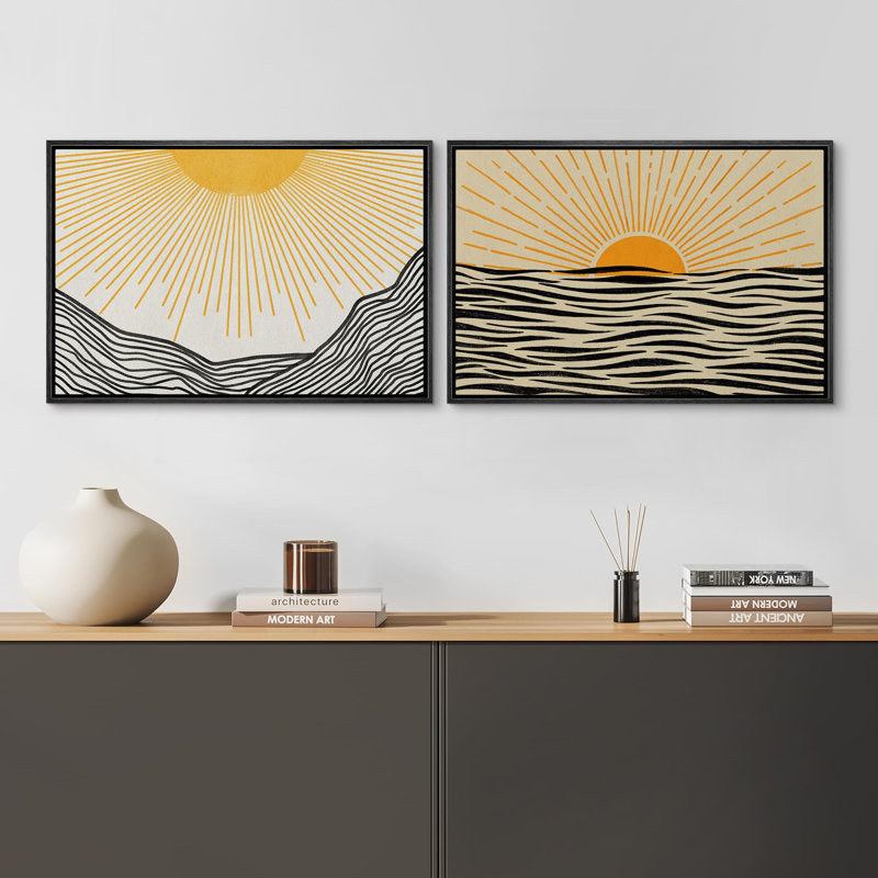 «Yellow Sunrise Abstract Ocean Nautical Coastal Llustrations» 2 pièces, H 16 po x l 24 po, Cadre noir