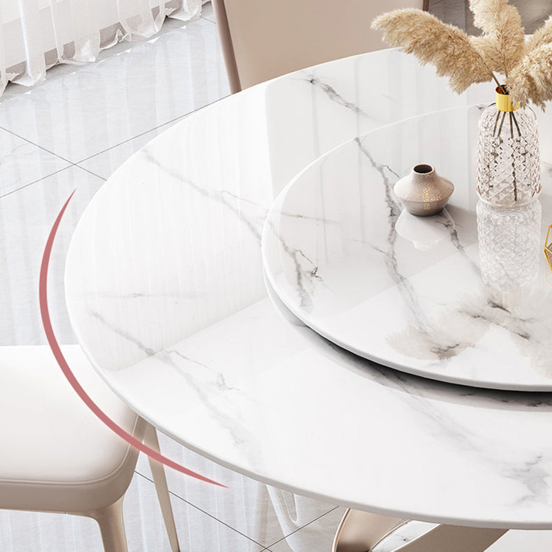 Table de salle à manger moderne en pierre frittée de 59,05 po avec plateau tournant rond de 31,5 po et piédestal exquis en métal avec chaises de 6 pièces.