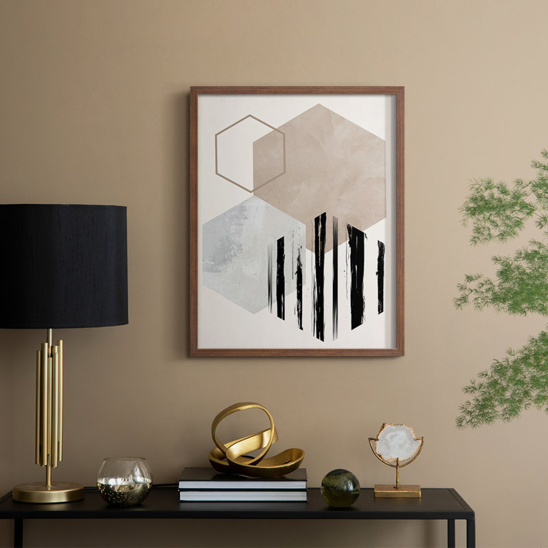 Impression hexagonale I, reproduction encadrée - bois massif, Noyer, H 30 po x l 24 po