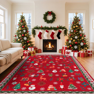 Tapis de Noël lavable, tapis rouge festif pour salon, tapis d'intérieur à poils courts non pelucheux, tapis de sol décoratifs et pliables pour chambre à coucher
