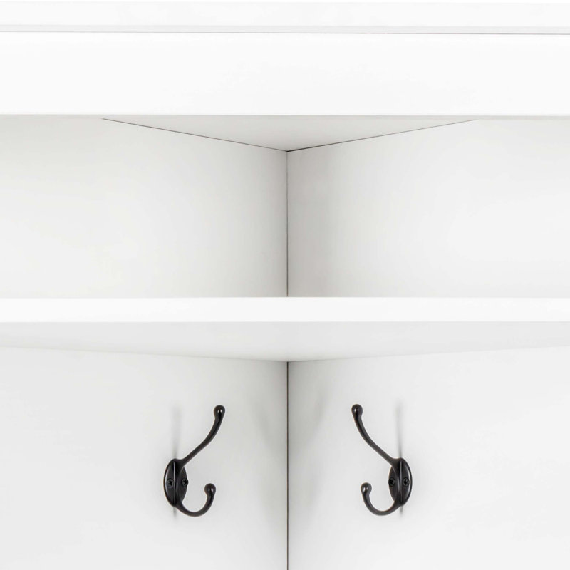 Minimalist Corner Hall Tree with Shoe Bench, Adjustable Shelf, Four Hooks, and Top Storage for Efficient Entryway Organization.