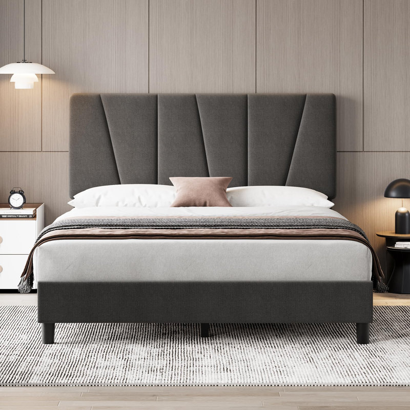 Cadre de lit avec tête de lit réglable, lit plateforme tapissier en lin avec tête de lit, Grand lit, Gris foncé
