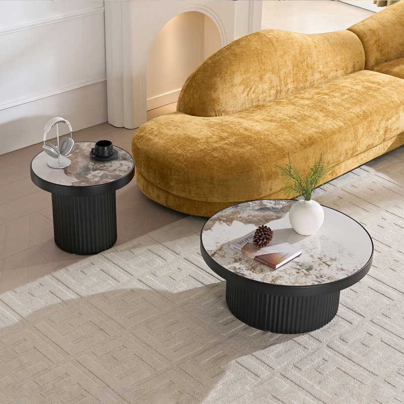 Ensemble de 2 tables basses, table basse ronde en panneau de fibres à densité moyenne en aggloméré pour salon, noir