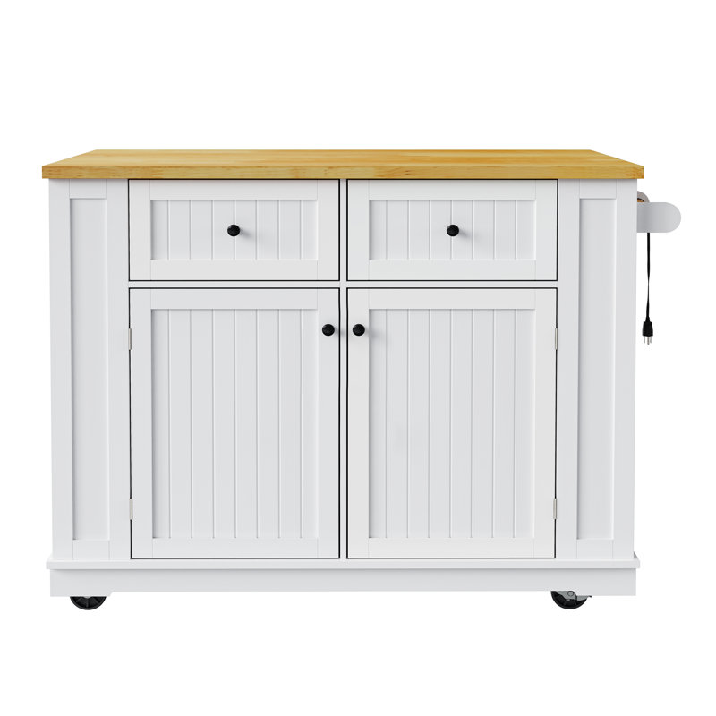 Lullaby 48" Fluted Kitchen Island With Storage Cabinet And Drawers, 3 Pieces Kitchen Dining Table Set With 2 Stools and Drop Leaf Top, Power Outlet, Side Racks