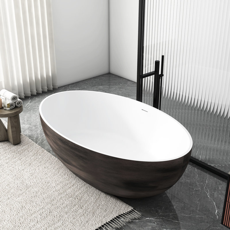 Freestanding Solid Surface Soaking Bathtub, 67 Inches, Matte White And Walnut, Ergonomic Design, Enhances Bathroom Aesthetics In Medium - Sized Bathrooms Inch One Piece Structure, Comfortable Bathing