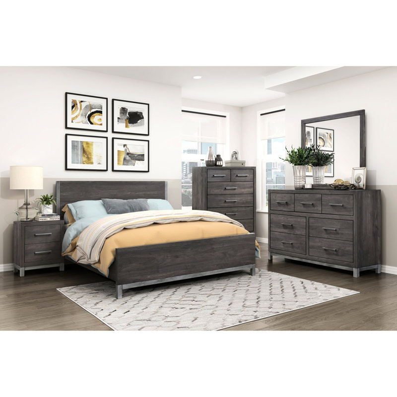 Grand lit moderne, gris brunâtre et argent antique