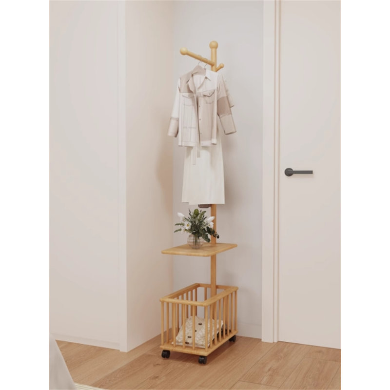 Multifunctional Solid Wood Clothes And Hat Stand With Laundry Basket, Yellow